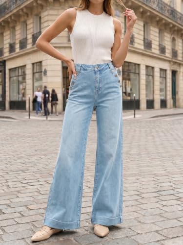Flowyair Womens Wide Leg Jeans High Waisted Button Casual Denim Pants - image 6