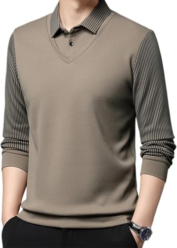 Men's Striped Lapel Fake Two-Piece Shirt Long Sleeve,Fake 2-Piece Knitted Shirt Polo Shirts Casual Sweater