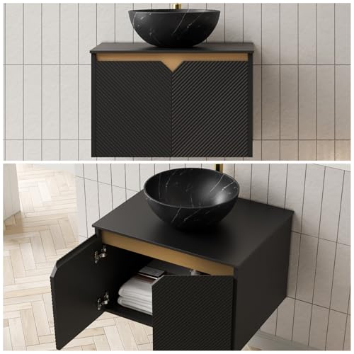 Image of 24 inch Bathroom Vanity with Sink, Wall-Mounted Bathroom Vanity with Black Bowl Ceramic Vessel Basin, Modern Plywood Floating Vanity with Twill Double Doors, Bathroom Storage Cabinet, Black