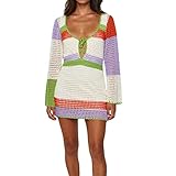 Fabumily Women Crochet Knit Mini Dress Long Sleeve Colorful Mesh Cover Ups Casual Sweater Dress Summer Beach Wear (B- White, M)