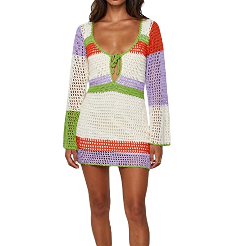 Fabumily Women Crochet Knit Mini Dress Long Sleeve Colorful Mesh Cover Ups Casual Sweater Dress Summer Beach Wear (B- White, XL)