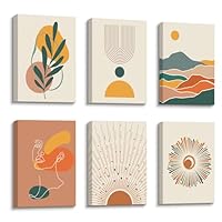 6 Tableaux Boho Sur Toile 20x30 Cm Cadre Bois - Déco Murale Géométrique Plantes Colorées