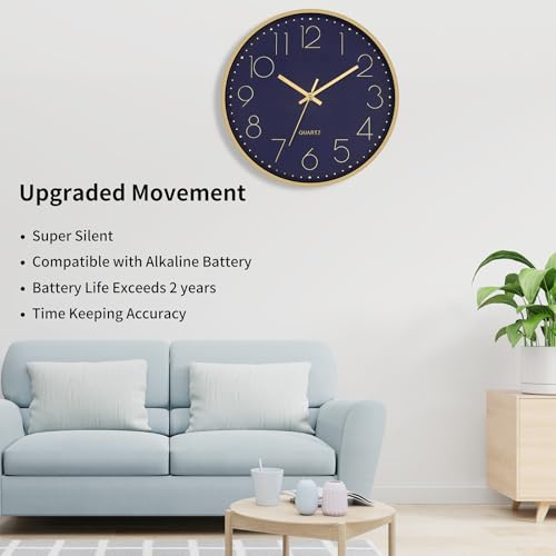 Image of Foxtop 12 inch Modern Wall Clock Silent Battery Operated Metal Gold Clock | Dark Blue Dial, Non-Ticking, Round, Analog Clock, Quartz, Easy to Read, Living Room, Bedroom, Kitchen, Office