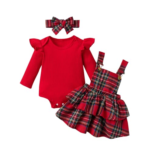 Image of Barbotimer Infant Baby Girl Fall Winter Outfits Newborn Clothes Long Sleeve Ruffle Knit Romper Bodysuit Red Plaid Skirt 3Pcs Set 6M-4T (Red, 6-12 Months)