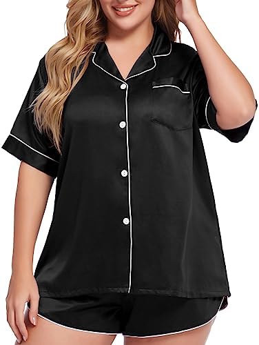 SWOMOG Womens Satin Plus Size Pajamas Silk Button Down Shorts Set Pajama Shorts 2Pcs Short Sleeve Pjs Sets Loungewear Black