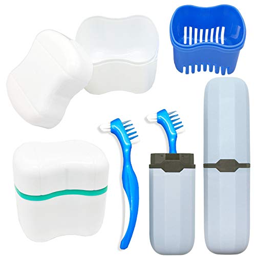 Denture Case Kit, 2 Denture Bath Cups with 2 Denture Brush & 2 Portable Toothbrush Box, Denture Brush Retainer Bath with Lid, Retainer Cleaning Denture Boxes, Toothbrush Kit for Travel