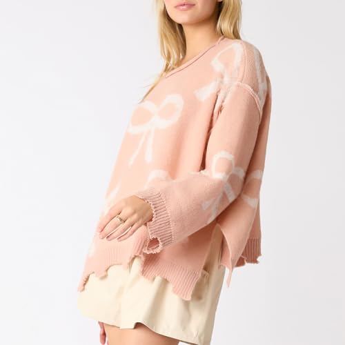Image of Women Cute Bow Knit Sweater Y2k Long Sleeve Crew Neck Knitted Pullover Top Oversized Going Out Fall Winter Knitwear