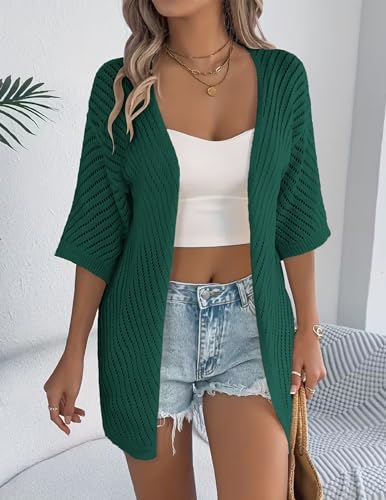 Image of Zeagoo Lightweight Summer Cardigan for Women Short Sleeve V Neck Crochet Kimonos Loose Open Front Hollow Out Cover Ups