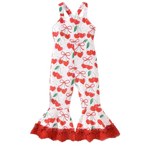 Emmababy Cherry Outfit Toddler Girl Bell Bottom Romper Fruit Print Jumpsuit Suspender Flare Pants Kids Wide Leg Overalls 1-6T