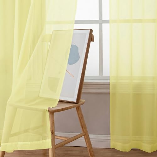 Image of OWENIE Sheer Curtains 84 inches Long 2 Panels Set for Living Room /Bedroom, Rod Pocket Voile Sheer Panel Drapes, Airy Soft Fabric Window Treatments, 2pcs, Each 42 inch W x 84 inch L, Light Yellow