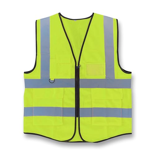 Vasego - Hi Visibility Executive Reflective Safety Vest for Men & Women with Multi pockets with zipper -Class 2 Utility High Viz vest for adults with reflective strips (Yellow, M)