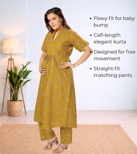 Image of Momenta Women's Pure Cotton Maternity Kurta Set | Feeding Kurti with Concealed Zippers | Maternity Dress for Pre & Post Pregnancy