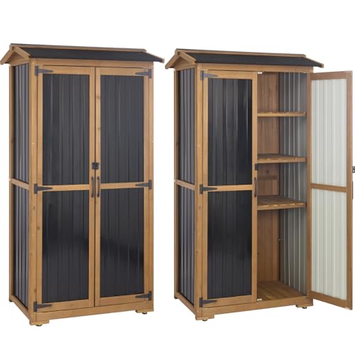 Image of Storage Cabinet Outdoor Garage Cabinets with 3 Adjustable Shelves, Lockable Door, Wood & Metal Weather-Resistant Pantry Cabinet for Patio Garden Home Farm (33.3 inch Lx 21 inch Wx 69 inch H)