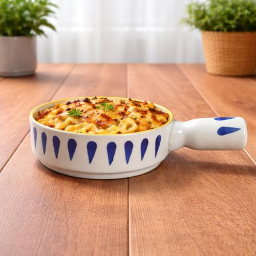 Image of Niyara Stoneware Handmade Ceramic Stylish Premium Serving Bowls /Salad Tray Microwave Dishwasher Safe (Blue Pattern Bowl with Handle)