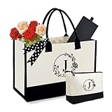 BeeGreen Beach-Tote-Bags-for-Women-Vacation - Personalized Canvas Cute Initial Tote Bags Embroidery Engagement Birthday Bride Gifts for Friend Mom Teacher Daughter Sister Unique Office Work Bag J