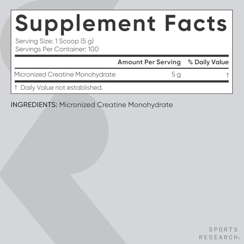 Image of Sports Research Creatine Monohydrate Powder 5g, Unflavored (100 Servings) | Micronized Creatine Supporting Lean Muscle, Performance & Workout Recovery | Informed Sport, Non-GMO, Gluten-Free