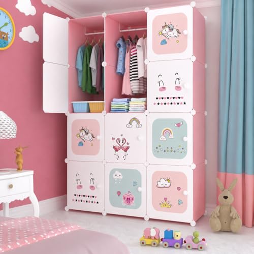 Image of EXVITO Kids Plastic Wardrobe - 12 Door Foldable Almirah for Clothes with Hanging Rod, Collapsible Wardrobe Cartoon Print Cupboard for Baby & Kids Room - KTK1