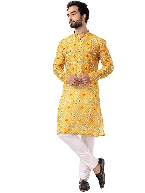 Image of LookMark Men's Cotton Blend Printed Long Kurta Suitable for All Indian Wedding, Occasions, and Festivals