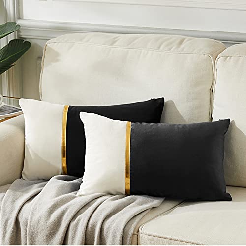Fancy Homi 2 Packs Decorative Throw Pillow Covers 12x20 Inch for Living Room Couch Bed, Black and White Velvet Patchwork with Gold Leather, Luxury Modern Home Decor, Lumbar Cushion Case 30x50 cm