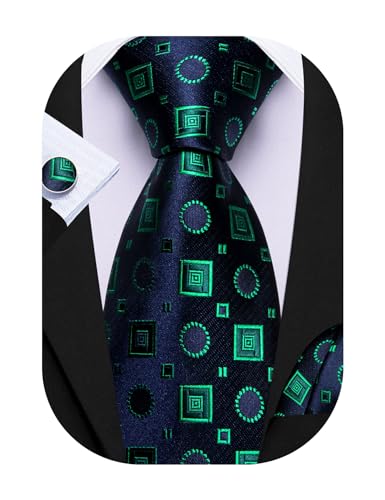 Image of Barry.Wang Plaid Ties Check Mens Necktie Set with Handkerchief Cufflinks Classic Stripe