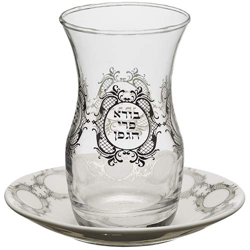 Delicate Glass Kiddush Cup Wine Goblet with Saucer for Shabbat and Holidays Medallion