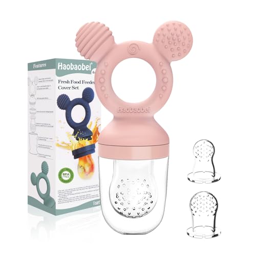 Image of Baby Fruit Feeder, Frozen Teething Toys, Teether Pacifier with 3 Extra Teats, Infant Eating Essentials, BPA Free Baby Feeding Supplies (Pink)