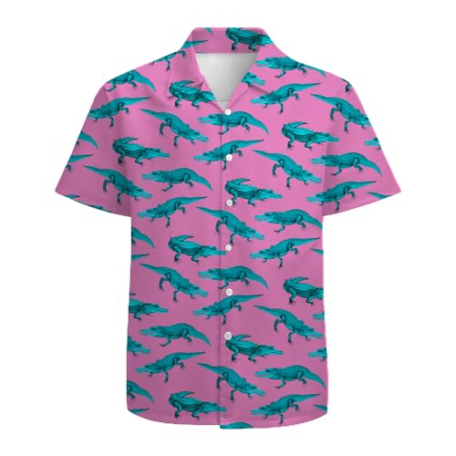 QiErDesign Pink Crocodile Men's Hawaiian Shirts 3D Graphic Button Down Short Sleeve Tropical Holiday Beach Aloha Shirt 2XL