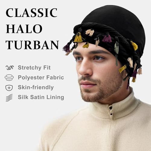 Image of Turban for Men Adjustable Halo Silk Satin Lined Cap for Women Durag Twist Head Wraps Hat Elastic Pre Tie Beniee