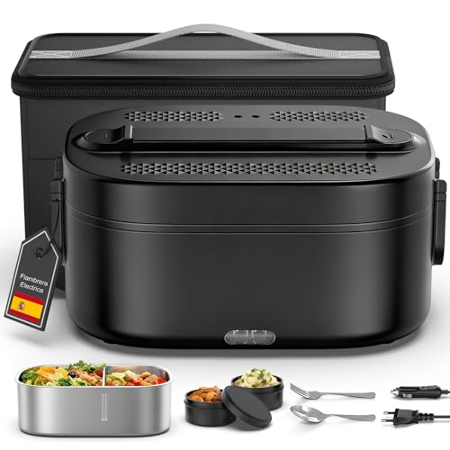 Fiambrera Electrica, 100W Taper Electrico para Comida Portatil 1,5L, 3 en 1 Electrica Trabajo 12V/24V/220V, Comida Térmico con Bolsa y Acero Inoxidable Tenedor Cuchara para Coche Camión Trabajo