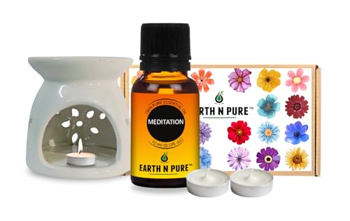 Image of Earth N Pure Ceramic Diffuser Burner with 10Ml Meditation Essential Oil Blend | 2 Tea Light Candles | Perfect for Gift Set