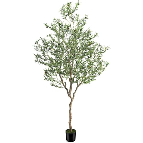 7ft Artificial Olive Tree Potted, Faux Indoor Plants with Natural Wood Trunk & Lifelike Fruits...