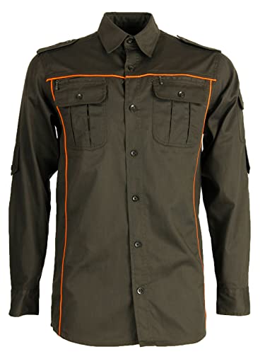 Zeitnet Inc. Camicia Caccia Verde riporti Arancio Bottoni Abbigliamento Tecnico Uomo