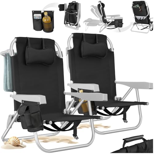 TecTake® 2 Sedia da Spiaggia, Spiaggina Pieghevole Funzione Zaino, Sedie da Giardino, Telaio in Alluminio, Sdraio Da Spiaggia, Schienale Regolabile Sdraio pieghevole, Borsa Termica, Sedia Mare - Nero