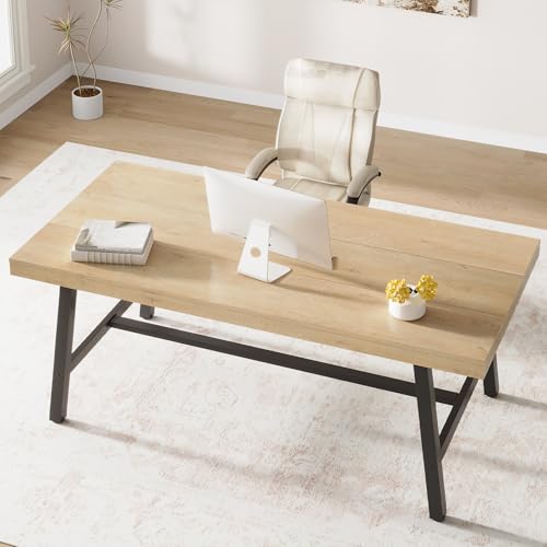 Garvee 70.87" Industrial Computer Desk, Extra Long Large Executive Desk for Home Office, Heavy Duty Rustic Wood & Metal Workstation, Sturdy Study Writing Table, Natural Natural 70.87" Long