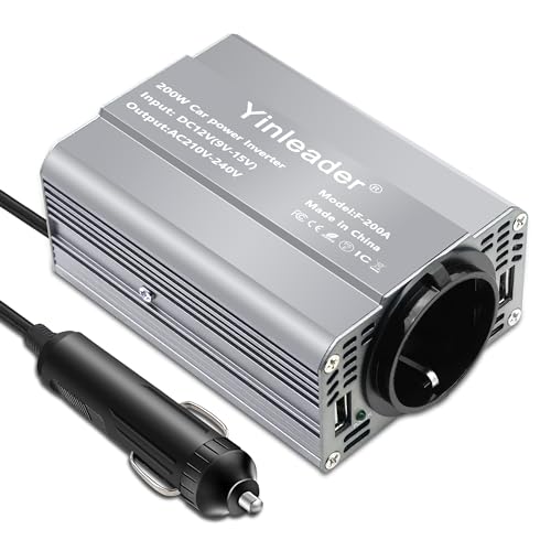 Yinleader Wechselrichter 200W DC 12V auf 230V AC KFZ-Spannungswandler 1 Euro-Steckdosen 2 USB mit Zigarettenanzünder-Grey