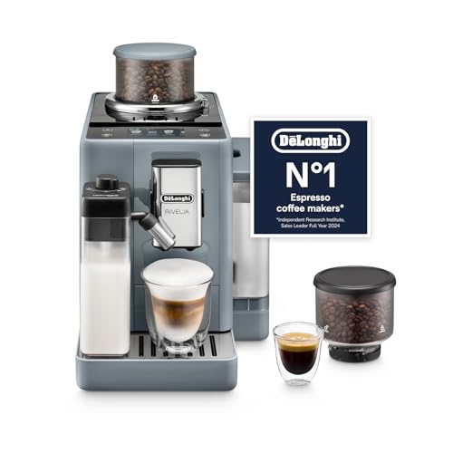 Delonghi Rivelia EXAM440.55.G, Fully Automatic Coffee Machine with LatteCrema Hot, Automatic Milk Frother, Compact Size Bean to Cup Coffee Machine, 16 Recipes, Full Touch Colored Display, Pebble Grey