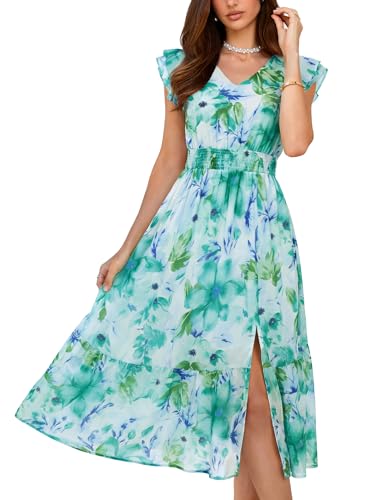 Image of GRACE KARIN 2026 Womens Summer Dresses V Neck Ruffle Sleeve Floral Boho Beach Dress A-Line Swing Midi Wedding Guest Sundress