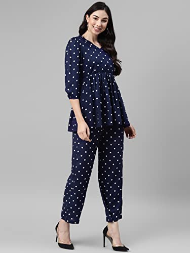 Image of DEEBACO Women's Polka Dots Rayon Flared Tunic & Pants Set for Women|V Neck Full Sleeves Top & Elastic Waist Pant Western Casual Wear Relaxed Fit Cord Set Outfit for Ladies (DBCOMR00000821 S Navy Blue)