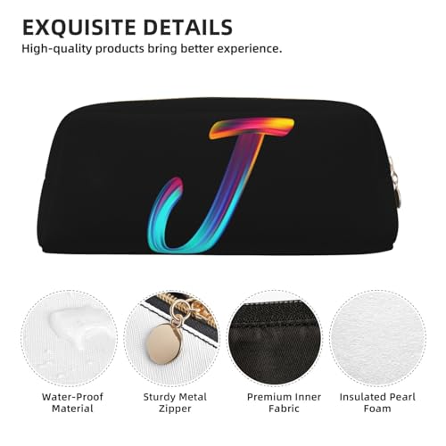 Image of Cute Initial Pencil Case for Kids Simple Leather Pencil Pouch for Boys Girls Letter Design Pencil Box Pen Bag Pencil Pouch Office Stationery Organizer, Rainbow Letter J