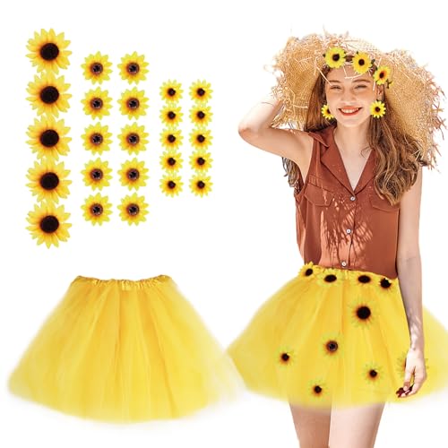 Jjupe en tulle jaune avec 25 têtes de fleurs de tournesol pour femme