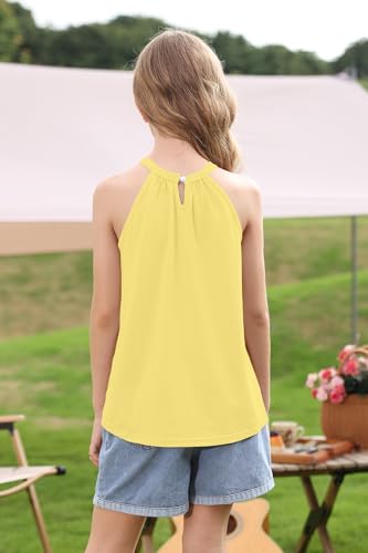 Image of BesserBay Girls Summer Back Button Halter Neck Tank Top Cold Shoulder Casual Blouse Pleated Sleeveless Shirts 5-14 Years