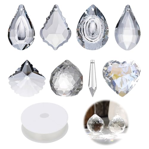 Lot de 8 Attrape Soleil Cristal Suspendu, Perle Cristals pour Attrape-Soleil, Boule de Prisme Cristal avec Cordon Bijoux pour Fenêtre, Décoration