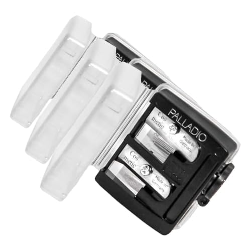 Image of Palladio Double Barrel 3 in 1 Cosmetic Pencil Sharpener with Cover, Stainless Steel Blade, Size Adjuster, Essential for Small and Extra Large Lip Liner, Eyeliner, Brow Pencils (Pack of 3)