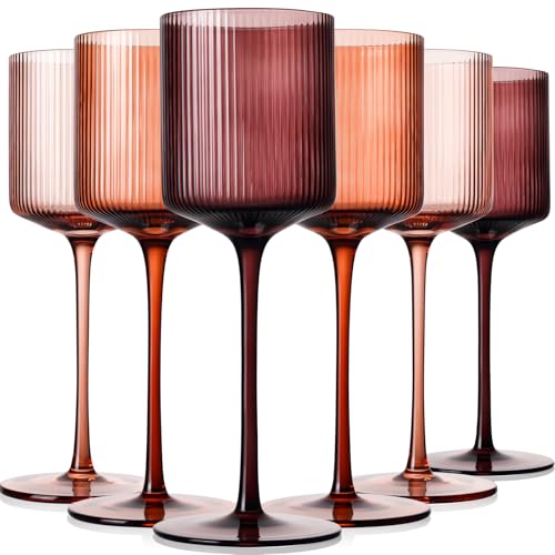 Melanin Colored Square Wine Glasses Set of 6, Elegant Ribbed Design Amber Crystal Glassware with...