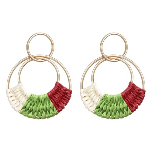 SELFWIMG Christmas Raffia Hoop Earrings for Women Handmade Red Green White Xmas Rattan Dangle Drop Earrings Lightweight Boho Holiday Stud Accessories Christmas Festive Jewelry Gift