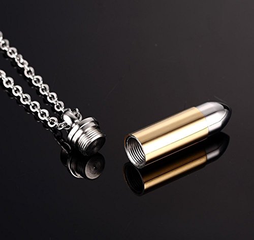 Stainless Steel Bullet Memorial Cremation Ash Urn Vial Tube Pendant Keepsake Necklace 22 Inch, Color Gold Silver4