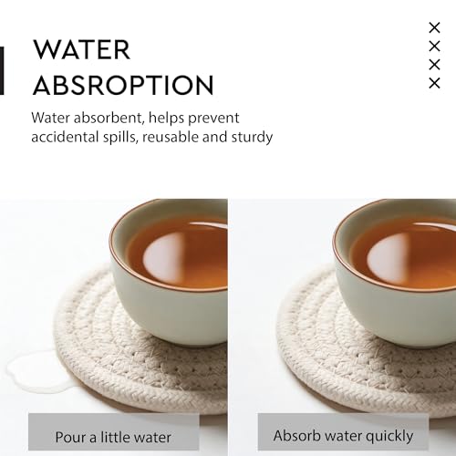Image of Encasa XO Drink Coasters Set of 6 | Off White with Round (9 cm) | Handcrafted Ribbed Cotton | Absorbent & Heat-Resistant | Use for Tea, Coffee Table & Desk