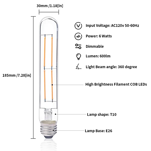 Klarlight Edison T10 Vintage Filament Bulb 6 Watt Dimmable E26 Led Tube Light Bulbs 60W Incandescent T10 Replacement Light For Home Decorative Showcase Bedside Lamp Lighting (3-Pack) #TOP3