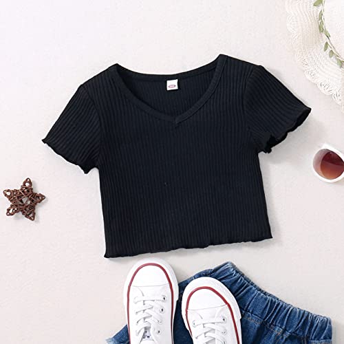 Cute Crop Tops for Girls Toddler Short Sleeve V Neck Crop T-Shirts Solid Ribbed Shirts Infant Kids Baby Girls' Clothing3