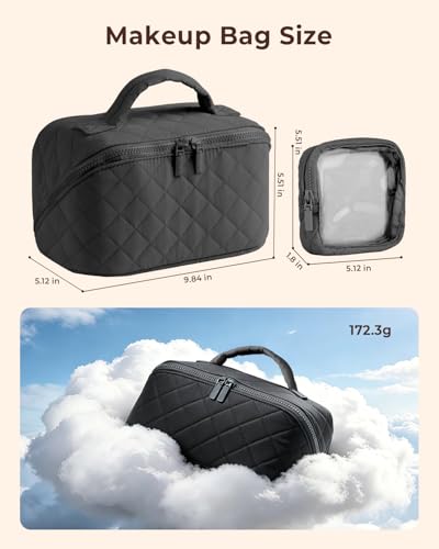Image of Batfield Makeup Pouch Bag for Women, 2Pcs Waterproof Puffer Set with 180 Flat Open, Travel Large Capacity Makeup Bag for Women with Brush Compartment & Handle for Vacation, Business Trip (Black)